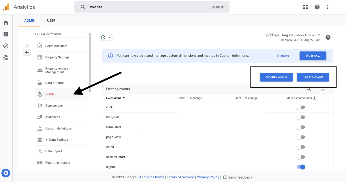 How to find the Events hub in GA4 so you can set up conversion tracking.